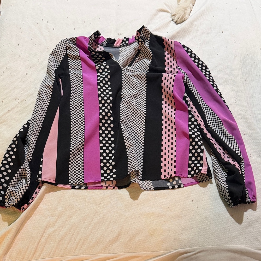 Elegant Women's Striped and Polka Dot Blouse - Purple and Black